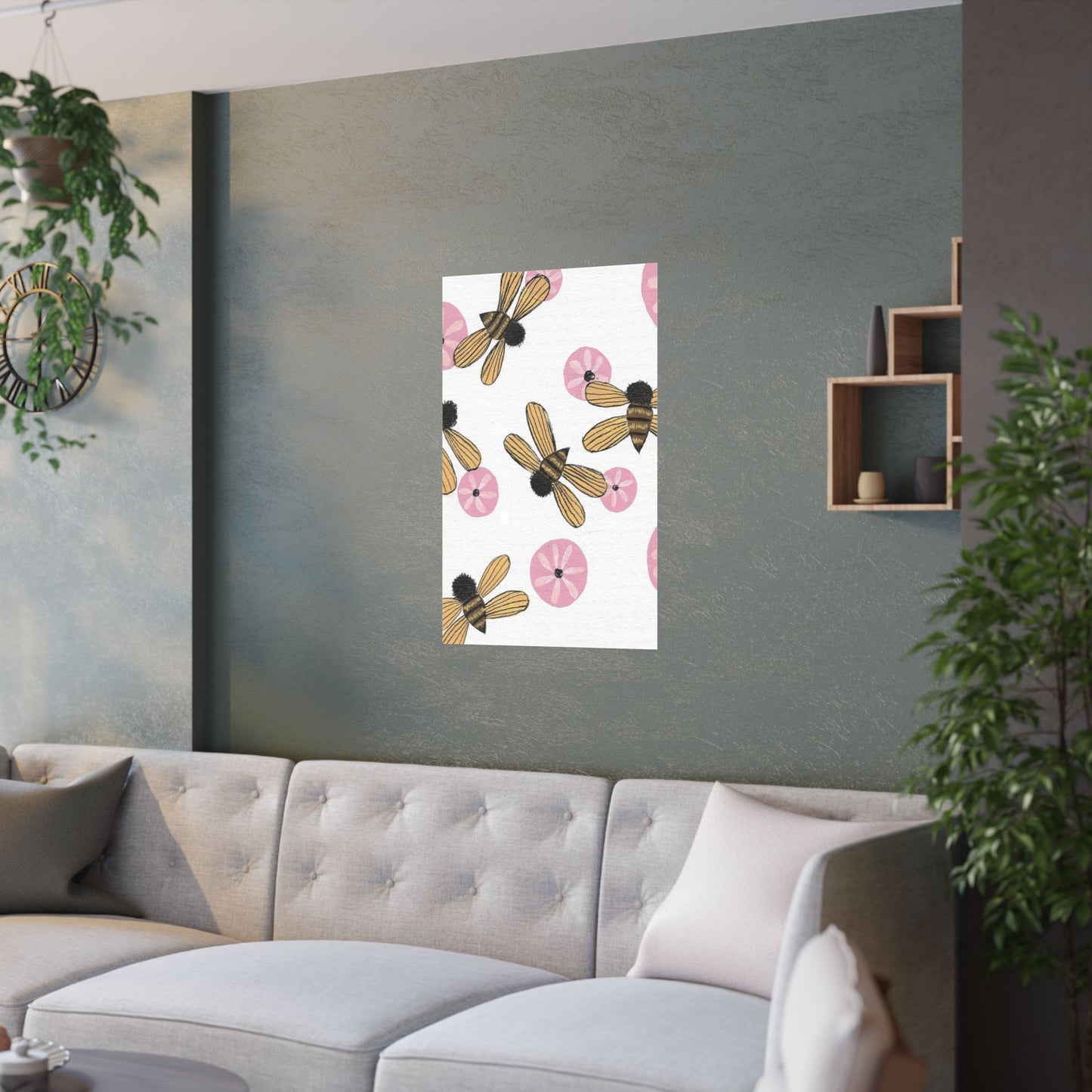 Bee & Flower Satin Poster - Floral Wall Art Decor